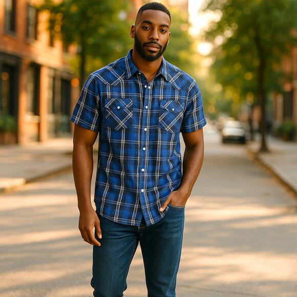 High Noon Other - HIGH NOON Blue Short Sleeve Pearl Snap Shirt - Size XLG RG